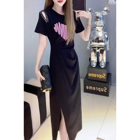 BY12676# 夏季大码显瘦气质开衩A字裙子女新款时尚露肩亮片短袖连衣裙 服裝批發女裝批發服飾貨源