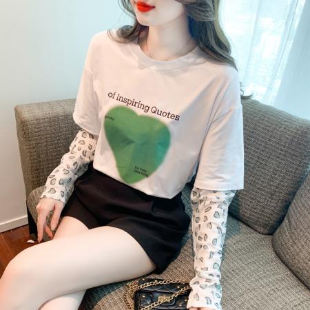 BY12677# 夏季新款假两件拼接长袖防晒衣宽松T恤洋气减龄上衣女 服裝批發女裝批發服飾貨源