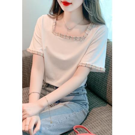 夏新款方领短袖T恤小香风毛边设计感上衣显瘦百搭体恤 服裝批發女裝批發服飾貨源