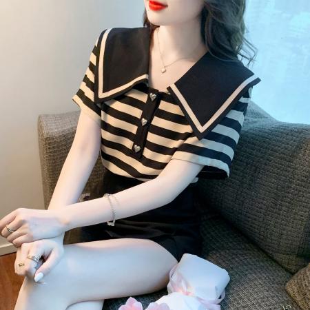 BY12680# 夏季新款大翻领条纹纯棉T恤衬衫短袖宽松显瘦上衣小衫 服裝批發女裝批發服飾貨源