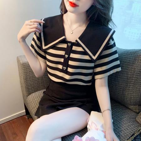 BY12680# 夏季新款大翻领条纹纯棉T恤衬衫短袖宽松显瘦上衣小衫 服裝批發女裝批發服飾貨源