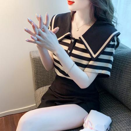 BY12680# 夏季新款大翻领条纹纯棉T恤衬衫短袖宽松显瘦上衣小衫 服裝批發女裝批發服飾貨源