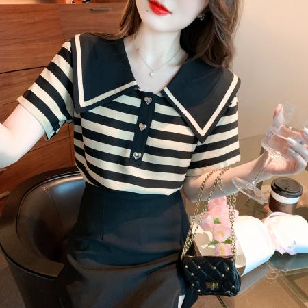 BY12680# 夏季新款大翻领条纹纯棉T恤衬衫短袖宽松显瘦上衣小衫 服裝批發女裝批發服飾貨源