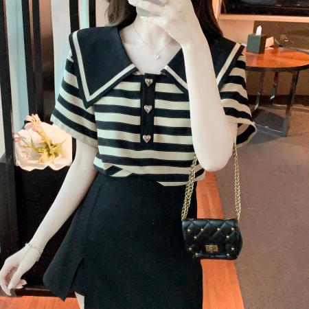 BY12680# 夏季新款大翻领条纹纯棉T恤衬衫短袖宽松显瘦上衣小衫 服裝批發女裝批發服飾貨源