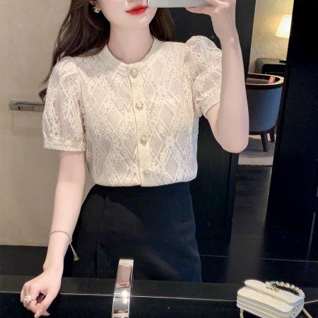 BY12681# 夏季新款短袖蕾丝衫上衣气质衬衫洋气镂空短袖打底衫女 服裝批發女裝批發服飾貨源