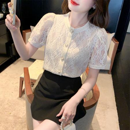BY12681# 夏季新款短袖蕾丝衫上衣气质衬衫洋气镂空短袖打底衫女 服裝批發女裝批發服飾貨源