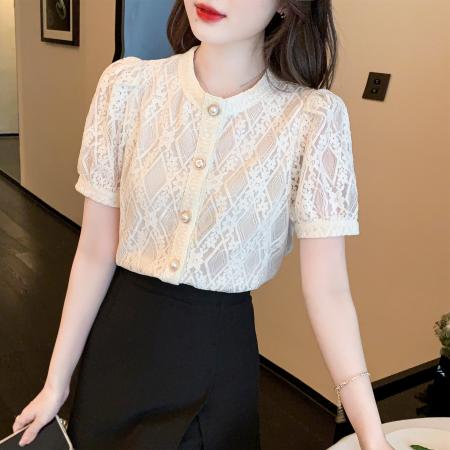 BY12681# 夏季新款短袖蕾丝衫上衣气质衬衫洋气镂空短袖打底衫女 服裝批發女裝批發服飾貨源