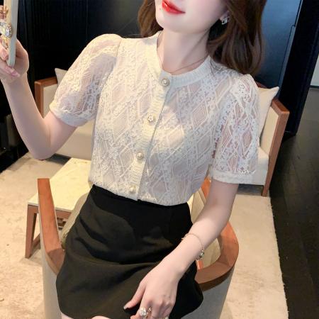 BY12681# 夏季新款短袖蕾丝衫上衣气质衬衫洋气镂空短袖打底衫女 服裝批發女裝批發服飾貨源