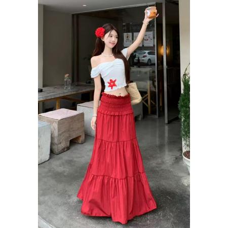 BY12685# 一字肩花朵印花短袖T恤上衣显瘦木耳边抽褶半身裙新款套装女 服裝批發女裝批發服飾貨源