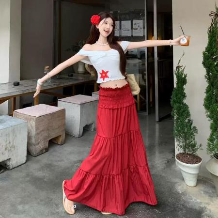 BY12685# 一字肩花朵印花短袖T恤上衣显瘦木耳边抽褶半身裙新款套装女 服裝批發女裝批發服飾貨源