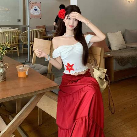 BY12685# 一字肩花朵印花短袖T恤上衣显瘦木耳边抽褶半身裙新款套装女 服裝批發女裝批發服飾貨源