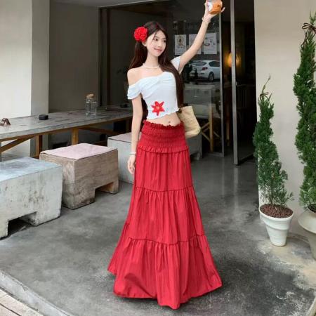 BY12685# 一字肩花朵印花短袖T恤上衣显瘦木耳边抽褶半身裙新款套装女 服裝批發女裝批發服飾貨源