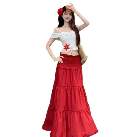 BY12685# 一字肩花朵印花短袖T恤上衣显瘦木耳边抽褶半身裙新款套装女 服裝批發女裝批發服飾貨源