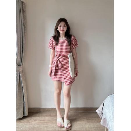 BY12686# 格子面料有内里拉链法式格纹收腰显瘦短袖连衣裙女夏 服裝批發女裝批發服飾貨源