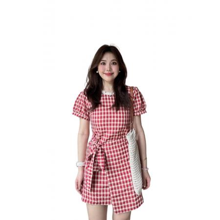 BY12686# 格子面料有内里拉链法式格纹收腰显瘦短袖连衣裙女夏 服裝批發女裝批發服飾貨源