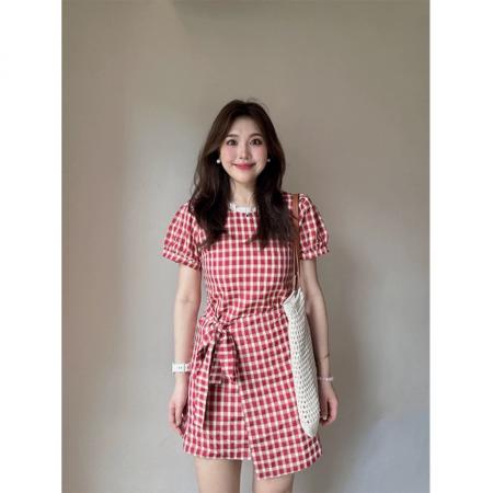 BY12686# 格子面料有内里拉链法式格纹收腰显瘦短袖连衣裙女夏 服裝批發女裝批發服飾貨源