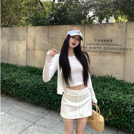 BY12688# 早春套装白色针织开衫内搭修身背心女抽绳短裙 服裝批發女裝批發服飾貨源