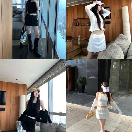 BY12688# 早春套装白色针织开衫内搭修身背心女抽绳短裙 服裝批發女裝批發服飾貨源