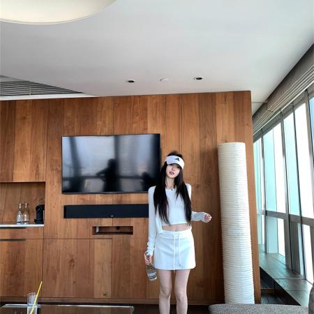 BY12688# 早春套装白色针织开衫内搭修身背心女抽绳短裙 服裝批發女裝批發服飾貨源