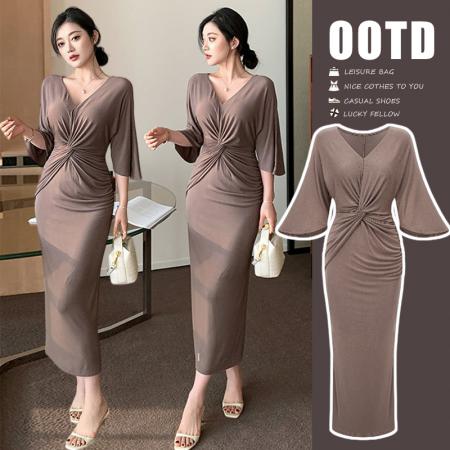 BY12689# 夏季新款莫代尔棉修身高弹力V领扭结蝙蝠袖连衣裙 服裝批發女裝批發服飾貨源