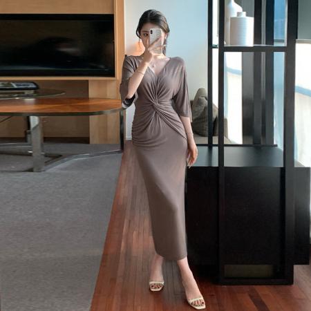 BY12689# 夏季新款莫代尔棉修身高弹力V领扭结蝙蝠袖连衣裙 服裝批發女裝批發服飾貨源