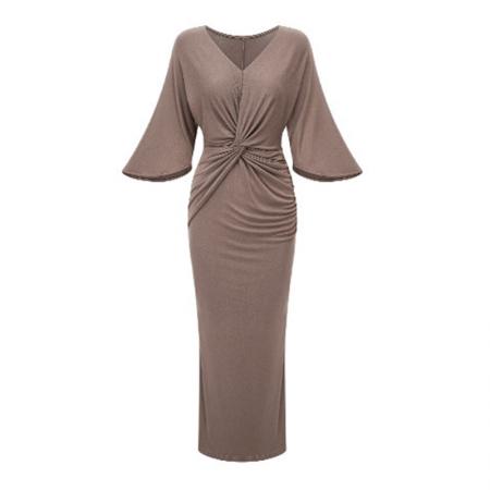 BY12689# 夏季新款莫代尔棉修身高弹力V领扭结蝙蝠袖连衣裙 服裝批發女裝批發服飾貨源