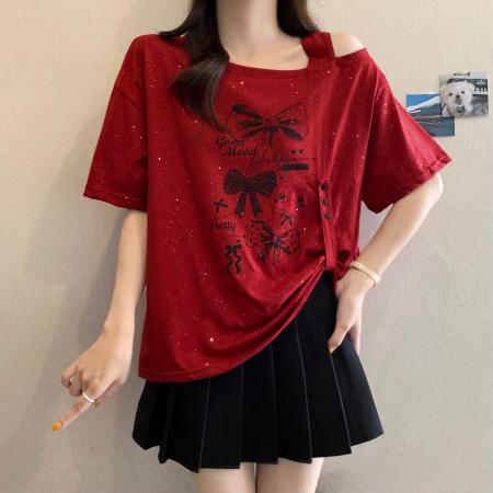 纯棉夏季新款满天星设计感斜领露肩短袖上衣 服裝批發女裝批發服飾貨源