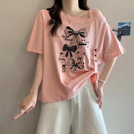 BY12690# 纯棉夏季新款满天星设计感斜领露肩短袖上衣 服裝批發女裝批發服飾貨源