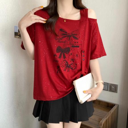 BY12690# 纯棉夏季新款满天星设计感斜领露肩短袖上衣 服裝批發女裝批發服飾貨源