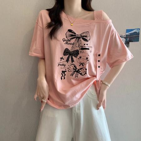 BY12690# 纯棉夏季新款满天星设计感斜领露肩短袖上衣 服裝批發女裝批發服飾貨源