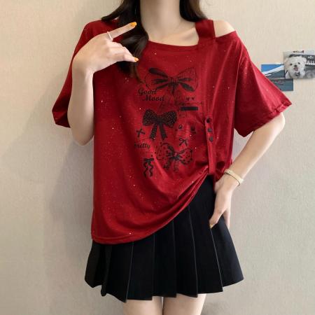 BY12690# 纯棉夏季新款满天星设计感斜领露肩短袖上衣 服裝批發女裝批發服飾貨源