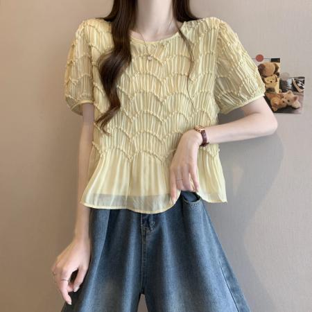 大码女装夏季新款小众波浪纹路设计气质宽松显瘦短袖小衫 服裝批發女裝批發服飾貨源