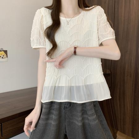 BY12691# 大码女装夏季新款小众波浪纹路设计气质宽松显瘦短袖小衫 服裝批發女裝批發服飾貨源