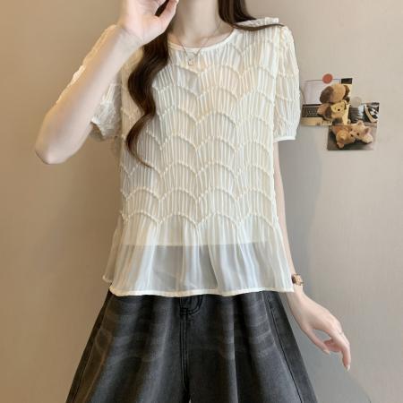 BY12691# 大码女装夏季新款小众波浪纹路设计气质宽松显瘦短袖小衫 服裝批發女裝批發服飾貨源