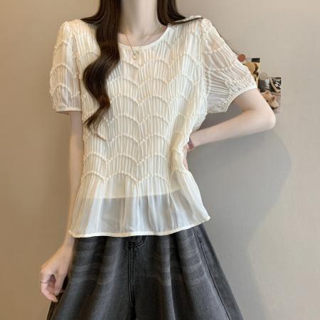 BY12691# 大码女装夏季新款小众波浪纹路设计气质宽松显瘦短袖小衫 服裝批發女裝批發服飾貨源
