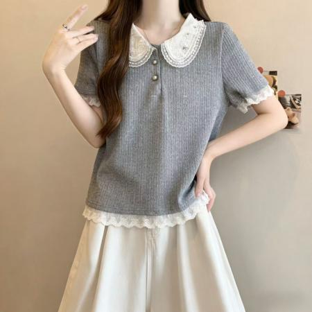 BY12692# 大码女装设计感小众蕾丝娃娃领时尚拼接针织短袖上衣 服裝批發女裝批發服飾貨源