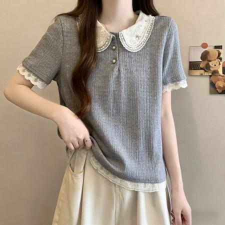 BY12692# 大码女装设计感小众蕾丝娃娃领时尚拼接针织短袖上衣 服裝批發女裝批發服飾貨源