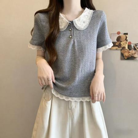 BY12692# 大码女装设计感小众蕾丝娃娃领时尚拼接针织短袖上衣 服裝批發女裝批發服飾貨源