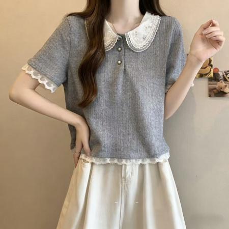 BY12692# 大码女装设计感小众蕾丝娃娃领时尚拼接针织短袖上衣 服裝批發女裝批發服飾貨源