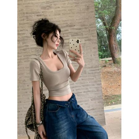 夏季简约基础款修身显瘦低U领短款短袖T恤女性感露脐上衣 服裝批發女裝批發服飾貨源