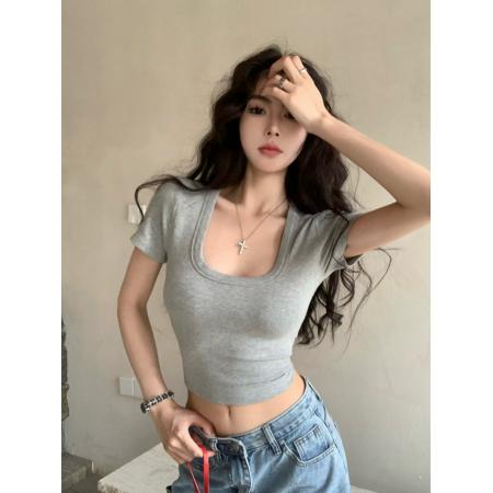 BY12696# 夏季简约基础款修身显瘦低U领短款短袖T恤女性感露脐上衣 服裝批發女裝批發服飾貨源