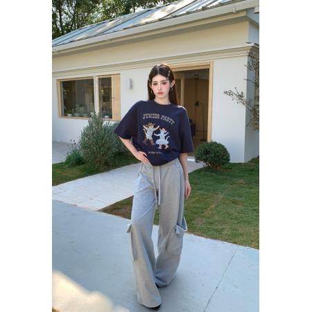 夏季趣味跳舞小猫印花字母圆领百搭短袖宽松做旧T恤上衣 服裝批發女裝批發服飾貨源