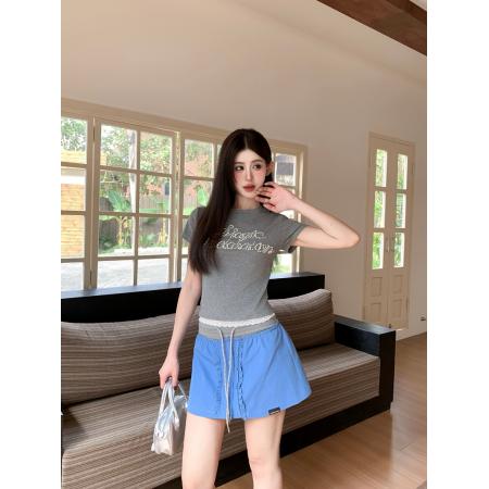 BY12698# 夏季辣妹复古珍珠铆钉拼接蕾丝设计感短款T恤修身上衣 服裝批發女裝批發服飾貨源