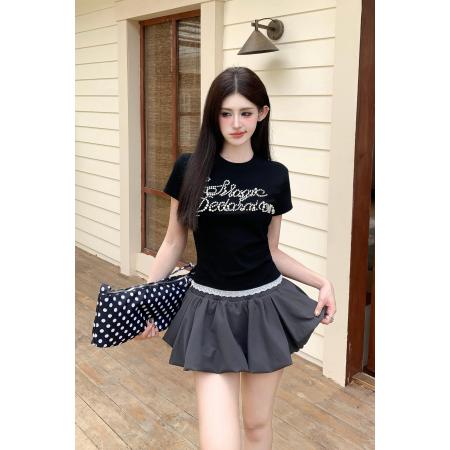 BY12698# 夏季辣妹复古珍珠铆钉拼接蕾丝设计感短款T恤修身上衣 服裝批發女裝批發服飾貨源