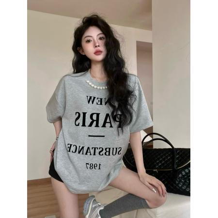 BY12699# 夏季新款复古减龄字母植绒印花珍珠宽松中长款短袖T恤 服裝批發女裝批發服飾貨源