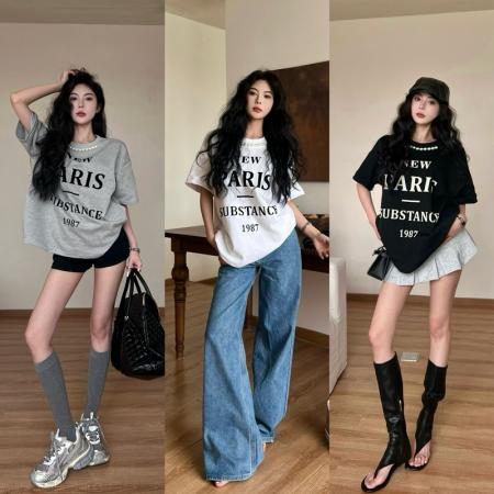 BY12699# 夏季新款复古减龄字母植绒印花珍珠宽松中长款短袖T恤 服裝批發女裝批發服飾貨源