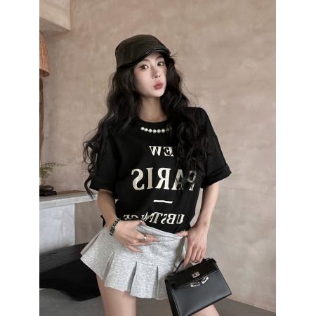 BY12699# 夏季新款复古减龄字母植绒印花珍珠宽松中长款短袖T恤 服裝批發女裝批發服飾貨源