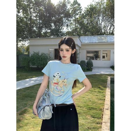 BY12700# 夏季趣味摇摆木马做旧印花圆领修身短袖短款T恤修身上衣 服裝批發女裝批發服飾貨源