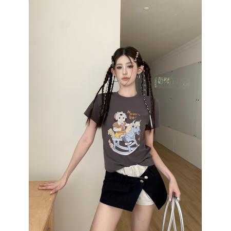 BY12700# 夏季趣味摇摆木马做旧印花圆领修身短袖短款T恤修身上衣 服裝批發女裝批發服飾貨源