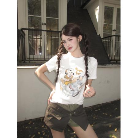 BY12700# 夏季趣味摇摆木马做旧印花圆领修身短袖短款T恤修身上衣 服裝批發女裝批發服飾貨源